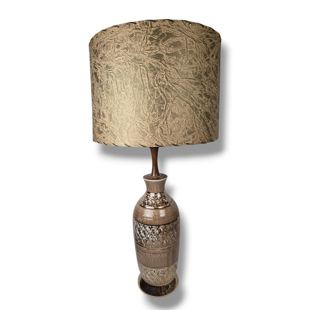Mid Century Ceramic Table Lamp Mocha Brown Gold Beige Geometric Glazed MCM